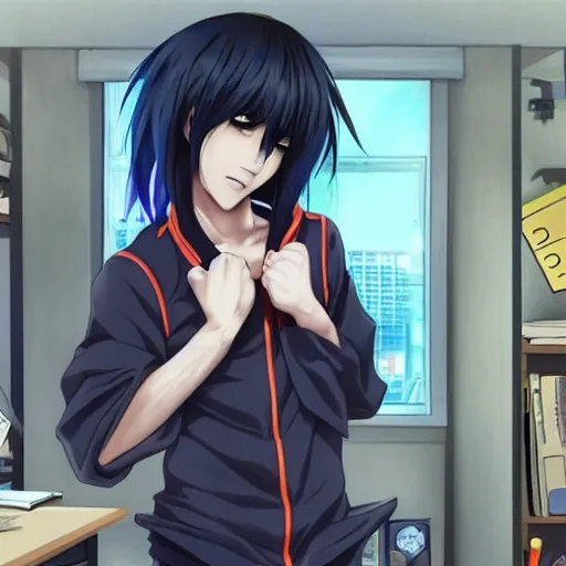 Image similar to aloof anime man with black emo hair wearing baggy shorts, standing in headmistress's office, smug grin, smug expression, punchable expression, punchable face, he's a jerk, sharp details, subsurface scattering, intricate details, art by artgerm, anime, anime hd wallpaper, 2 0 1 9 anime screenshot