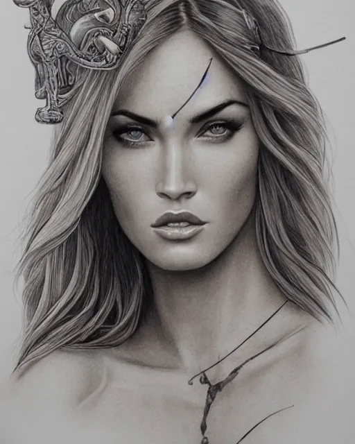 Image similar to pencil drawing of beautiful megan fox as greek goddess aphrodite, archer warrior, sagittarius tattoo, beautiful piercing eyes, flowing blonde hair, realistic face, hyper realistic, in the style of greg rutkowski, fantasy, amazing detail, epic, intricate, elegant, smooth, sharp focus