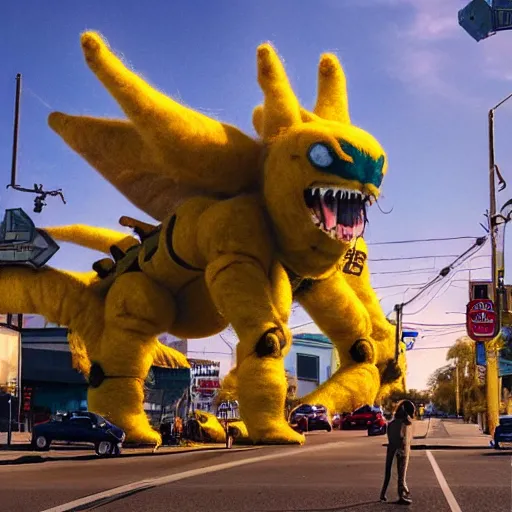 Prompt: photo of an enormous full sized needle - felted mecha king ghidorah crossing a busy street golden hour