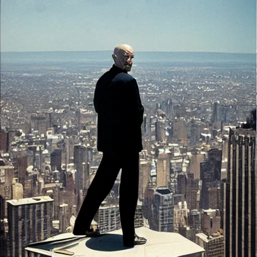 Image similar to walter white from back sitting on chair standing on top of the empire state building strong stance photo by annie leibovitz