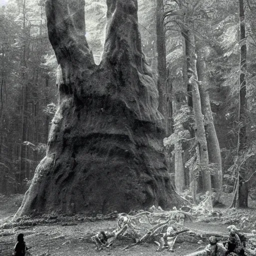 Prompt: old photograph of aliens surrounding a giant alien monolith in a haunted forest, epic composition