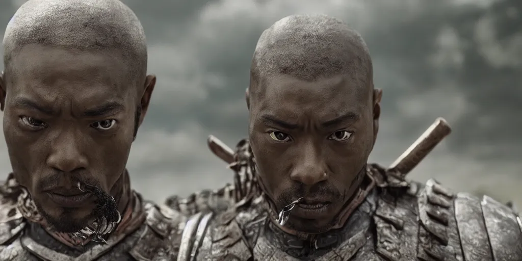 Image similar to a film still of a black man starring in a japanese blockbuster film as ancient samurai, intense, shallow depth of field, cinematic, award winning cgi, vfx, film still