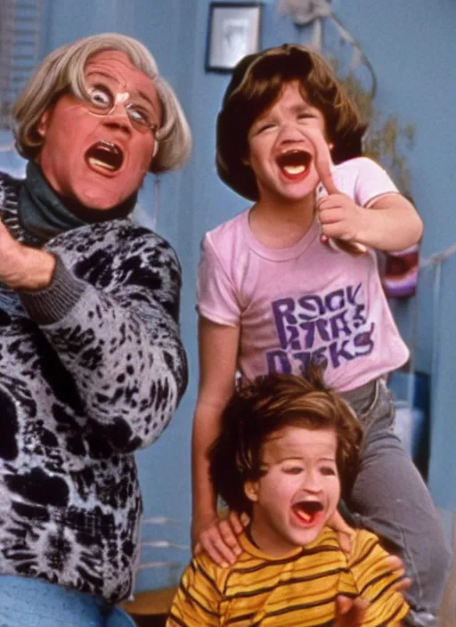 Image similar to the rock stars in mrs doubtfire, movie frame still