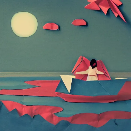 Prompt: a girl in a origami paper boat at dusk