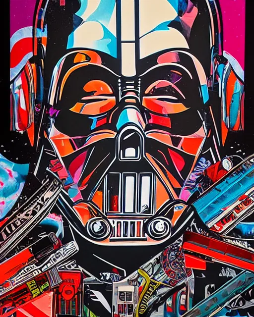 Image similar to Tristan Eaton, maximalism, darth vader, double exposure