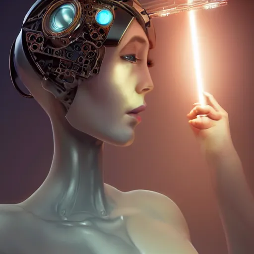Prompt: Mechanical female android looking at a butterfly, cinematic lighting, intricate, elegant, super highly detailed, art station, concept art, smooth, sharp focus, no blur, no dof, extreme illustration, Unreal Engine 5, Photorealism, HD quality, 8k resolution, cinema 4d, 3D, beautiful, delicate, art by artgerm and greg rutkowski and alphonse mucha and loish and WLOP