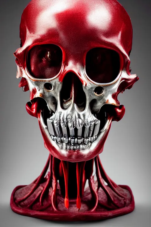 Prompt: a human mandible made with chrome, metallic sculpture, layed on a red velvet fabric, by hedi xandt and antonio corradini, vivaldi and emil melmoth macabre art, dark surrealism, epic and cinematic view, volummetric light, texturized, detailed, 8 k