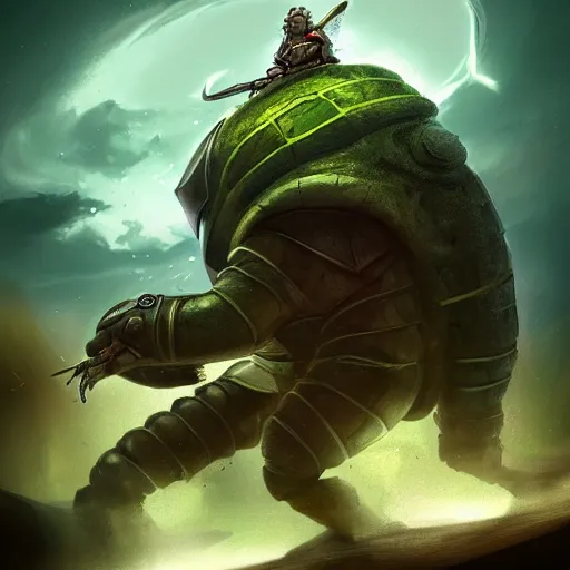 Image similar to A man in armour riding a giant tardigrade into battle, fantasy art, green hills, beautiful, trending on artstation, digital art
