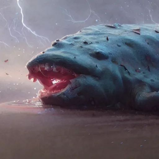 Prompt: shocked Axolotl hit by lightning from the sky in a small puddle, thunder, dramatic, dark, fantasy, digital art, hyperrealistic, Greg Rutkowski, Trending on Artstation, highly detailed