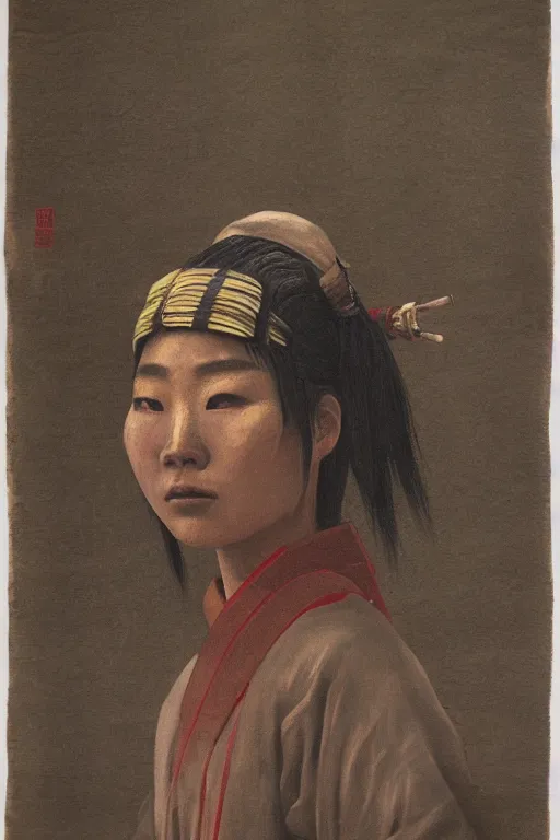 Prompt: wang neng jun painting of native japanese woman shinobi with partially masked face, highly realistic, moody lighting