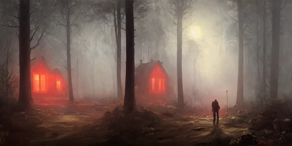 Image similar to an old house with red light on from the windows during the night in a forest, a men stand up in front of the house, mystical fog, oil on canvas, details, a desert road next to the house, illustration, art by andreas achenbach and alena aenami