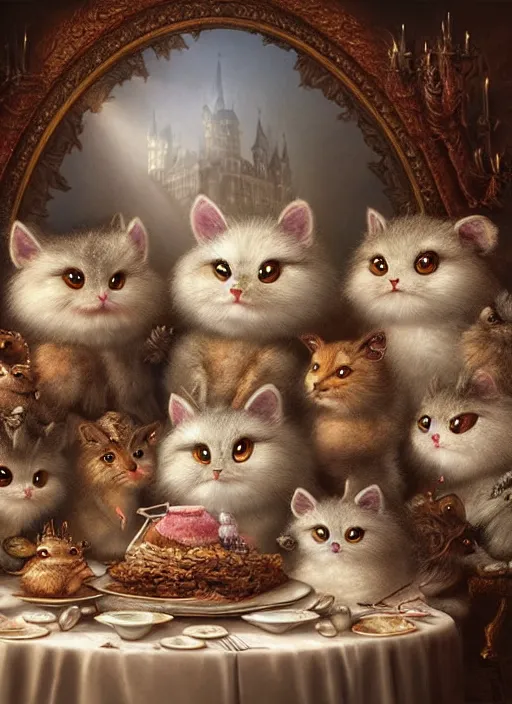 Image similar to highly detailed group closeup portrait of cute fluffy animals having a banquet in a castle, unreal engine, nicoletta ceccoli, mark ryden, earl norem, lostfish, global illumination, god rays, detailed and intricate environment