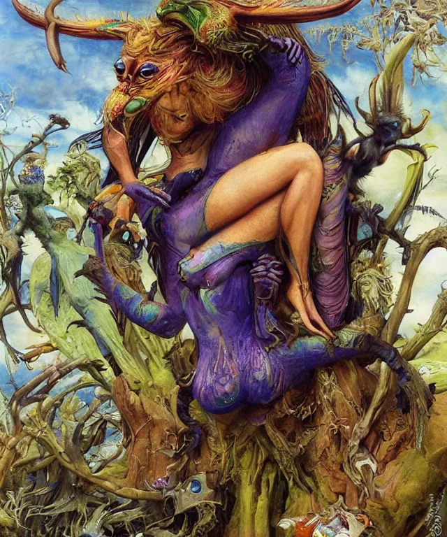 Image similar to a portrait photograph of a meditating fierce colorful harpy antilope super villian with slimy amphibian scaled blue skin. her body is partially transformed into a beast. by donato giancola, hans holbein, walton ford, gaston bussiere, peter mohrbacher and brian froud. 8 k, cgsociety, fashion editorial