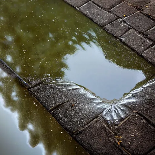 Image similar to top down photograph looking into a puddle, a shriveled old man is staring up from under the surface of the water