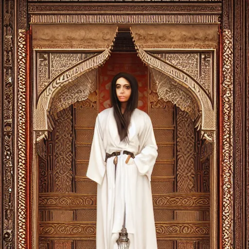 Prompt: orientalist portrait of a moorish woman wearing a white robe and ornate copper jewelry standing in front of petra jordan intricate artwork by Fabio Fabbi and john william waterhouse and Edwin Longsden Long and Nasreddine Dinet and Theodore Ralli trending on artstation, very coherent symmetrical artwork high detail 8k