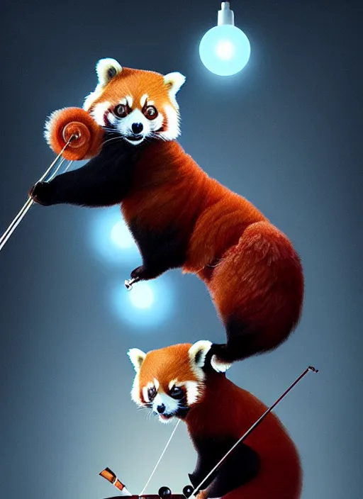 Image similar to portrait of a red panda riding a unicycle, playing a violin, intricate, elegant, glowing lights, highly detailed, digital painting, artstation, concept art, smooth, sharp focus, illustration, art by wlop, mars ravelo and greg rutkowski