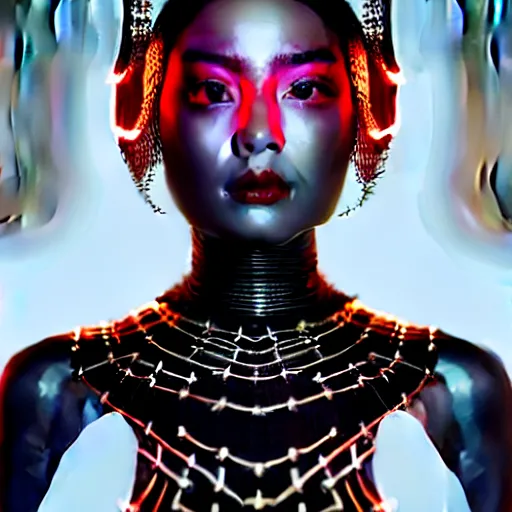 Prompt: portrait of an absurdly beautiful, graceful, sophisticated, fashionable asian cyberpunk mechanoid gravure idol, hyperdetailed illustration by irakli nadar, adut akech, matt wisniewski style, intricate linework, dark black porcelain skin, jellyfish headdress, unreal engine 5 highly rendered, global illumination, neon red light, detailed and intricate environment