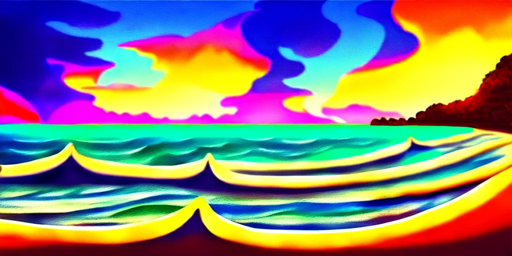 Image similar to a beach shaped like a singing mouth, the waves are made is musical notes, one wave is shaped like the mouths tongue, very colorful painting 8 k trending on art station, intricate details, very realistic, cinematic lighting, volumetric lighting,