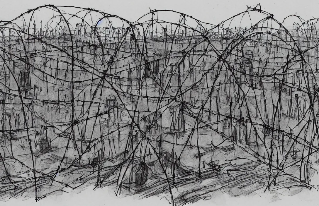 Image similar to milt kahl sketch of zombie apocalypse resistance camp with barbed wire fencing