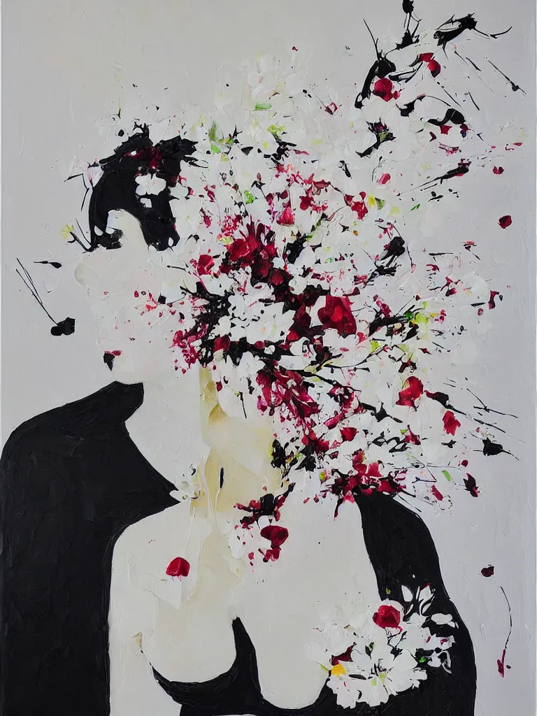 Image similar to “art in an Australian artist’s apartment, painting of a woman wearing white cotton cloth, organic, fresh berries, white wax, edible flowers, Japanese pottery, ikebana, black walls, acrylic and spray paint and oilstick on canvas”