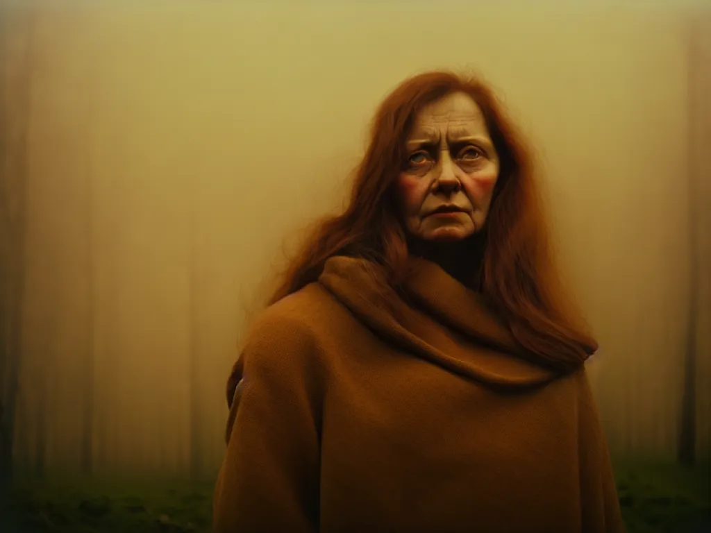 Prompt: portrait of woman, solemn expression, faded color film, russian cinema, tarkovsky, kodachrome, heavy birch forest, long brown hair, old clothing, heavy fog, atmospheric haze, brown color palette, sunset, low light, dramatic lighting