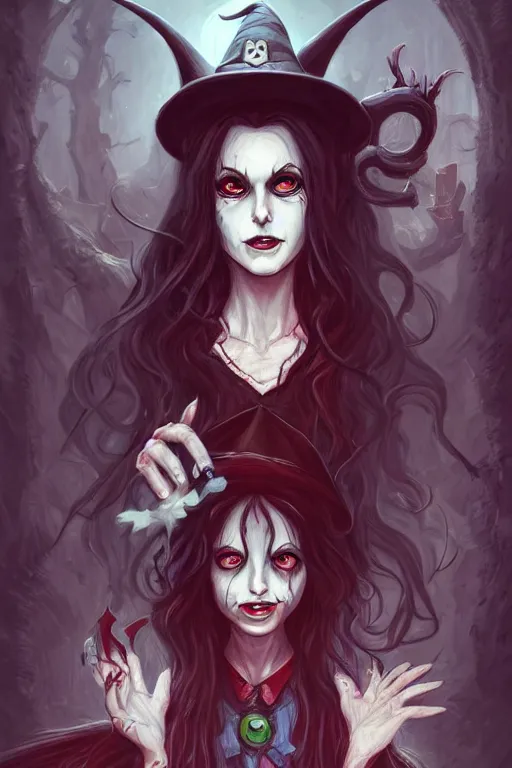 Image similar to portrait of a witch, american mcgee's alice, sharp focus, artstation, trending, by julie dillon, luis melo, tyler miles lockett, lei jin, hong lei, ken wong, adam narozanski, joy ang