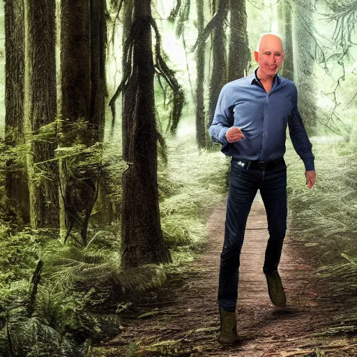 Prompt: jeff bezos skinwalker hunting you in a dark forest with a knife, fully body, realism