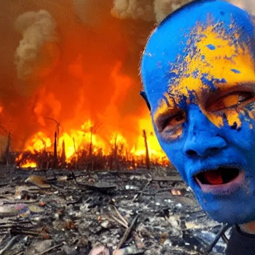 Image similar to , funny and frightened ukrainian burned to bones bleeding in dirty yellow and blue rags on the background of a huge nuclear explosion selfie 2 0 2 2