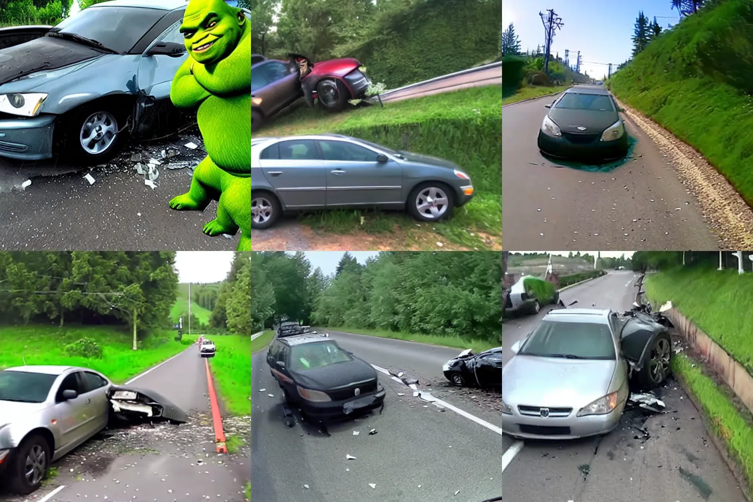 Prompt: dashcam footage of a car crashing into shrek