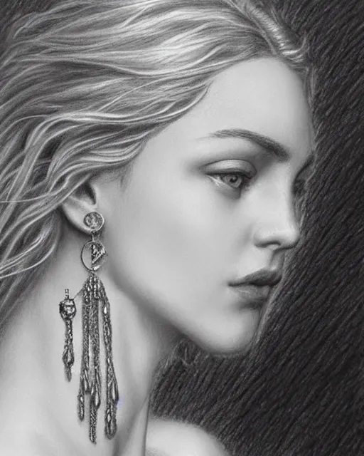 Image similar to pencil drawing of a beautiful greek goddess aphrodite with arrowhead earrings, beautiful piercing eyes, beautiful blonde hair, hyper realistic face, in the style of greg rutkowski, fantasy, amazing detail, epic, elegant, smooth, sharp focus, from the front