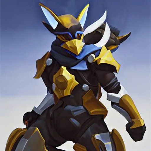 Image similar to greg manchess portrait painting of partially armored lucario as overwatch character, medium shot, asymmetrical, profile picture, organic painting, sunny day, matte painting, bold shapes, hard edges, street art, trending on artstation, by huang guangjian, gil elvgren, ruan jia, greg rutkowski, gaston bussiere