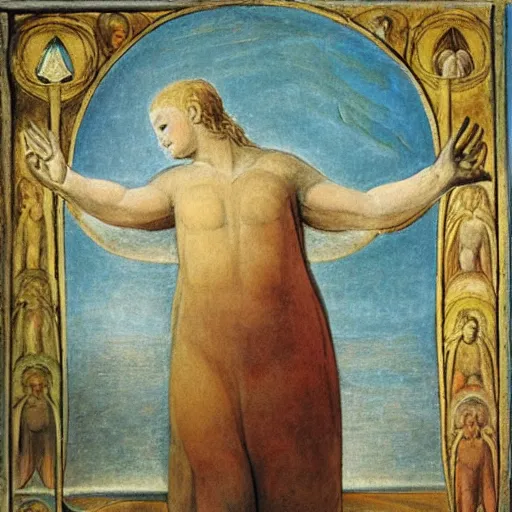 Image similar to biblical angel with ducks, by jean deville, by william blake, oil on canvas