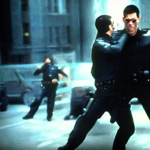 Image similar to trinity fighting cops. Matrix movie screenshot. Epic keyframe.