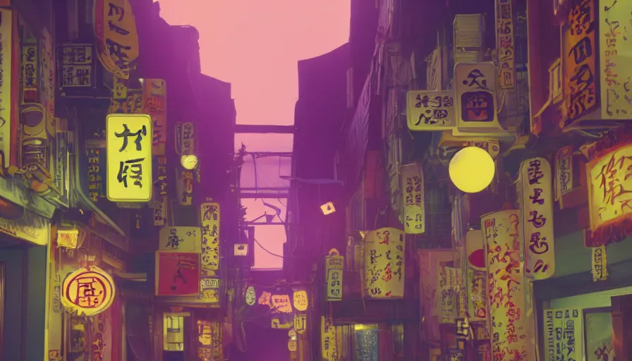 Image similar to A film still from a 1990s Sailor Moon cartoon tv show featuring a moody street in Japan with a waterfall and lanterns, lofi aesthetic, magical, golden hour, cinematic look, film grain, high detail, high resolution, 8k