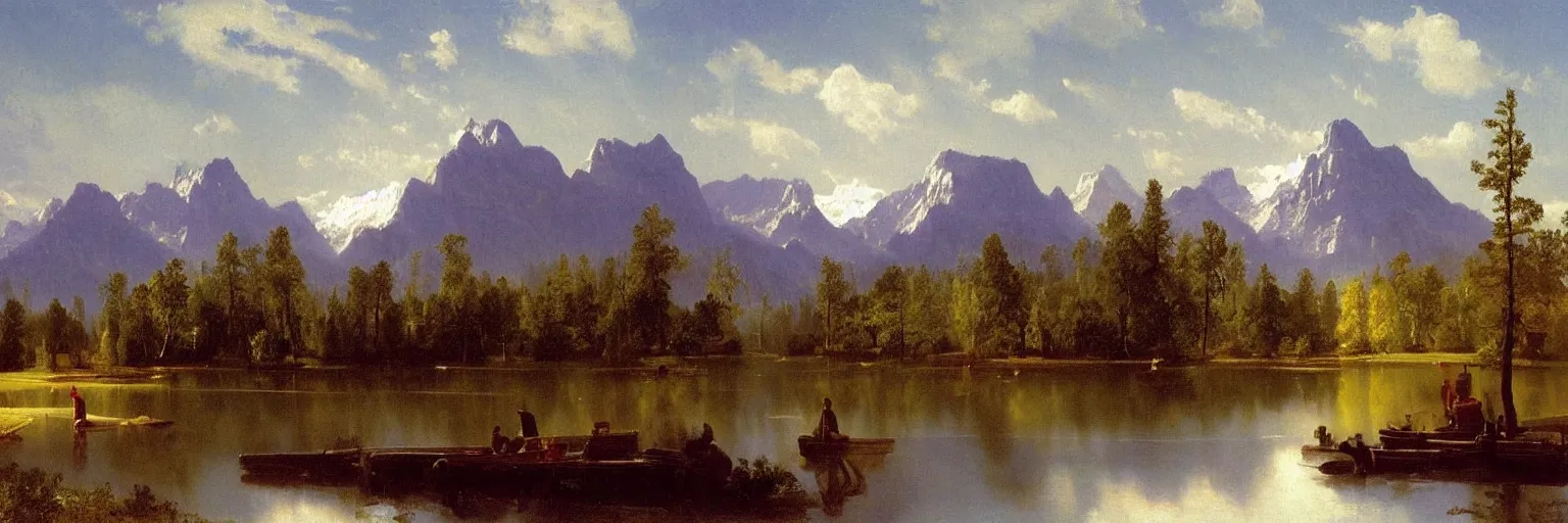 Image similar to beautiful albert bierstadt landscape painting of beautiful mountains and lakes with a mcdonald ’ s fast food restaurant in the scene