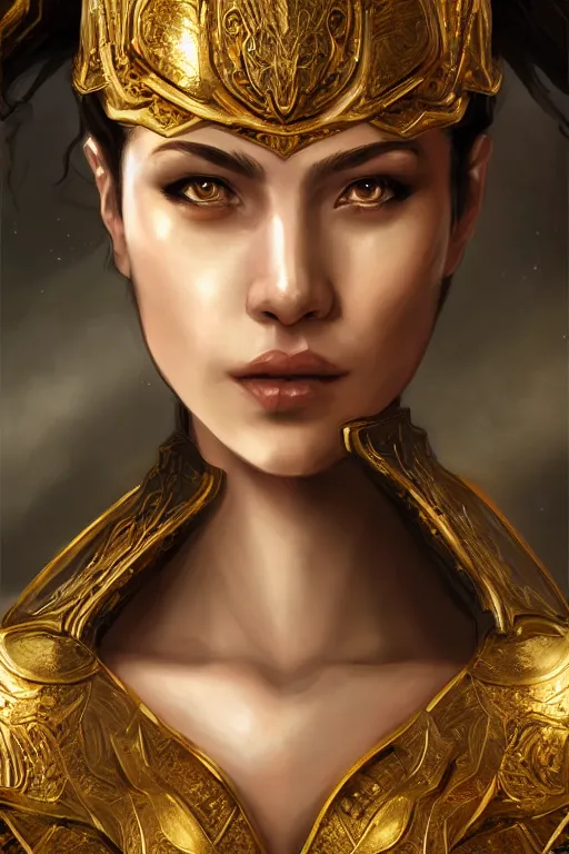 Image similar to three-quarters portrait pose of a beautiful woman, strong body, shining gold armor, human warrior, fantasy, intricate, elegant, highly detailed, digital painting, artstation, concept art, matte, sharp focus,D&D, illustration, art by Stanley Lau