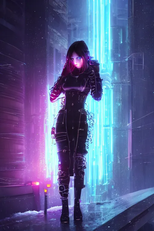 Image similar to portrait futuristic talented cyberpunk female Alchemist, in futuristic stormy heavy snowy thunder tokyo rooftop Enchantment cyberpunk night, ssci-fi, fantasy, intricate, very very beautiful, elegant, neon light, highly detailed, digital painting, artstation, concept art, soft light, hdri, smooth, sharp focus, illustration, art by tian zi and craig mullins and WLOP and alphonse mucha