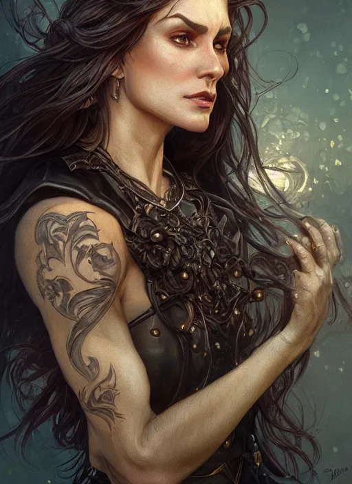 Image similar to portrait of a ruggedly handsome female witch, soft hair, muscular, half body, leather, d & d, fantasy, intricate, elegant, highly detailed, digital painting, artstation, concept art, smooth, sharp focus, illustration, art by artgerm and greg rutkowski and alphonse mucha