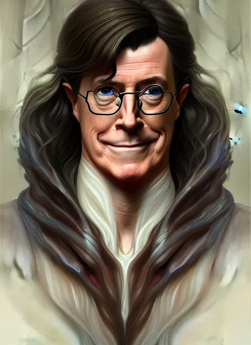 Image similar to portrait of stephen colbert as an elf, long hair, d & d, muscular! fantasy, intricate, robes, elegant, highly detailed, digital painting, artstation, concept art, smooth, sharp focus, illustration, art by artgerm and greg rutkowski and alphonse mucha