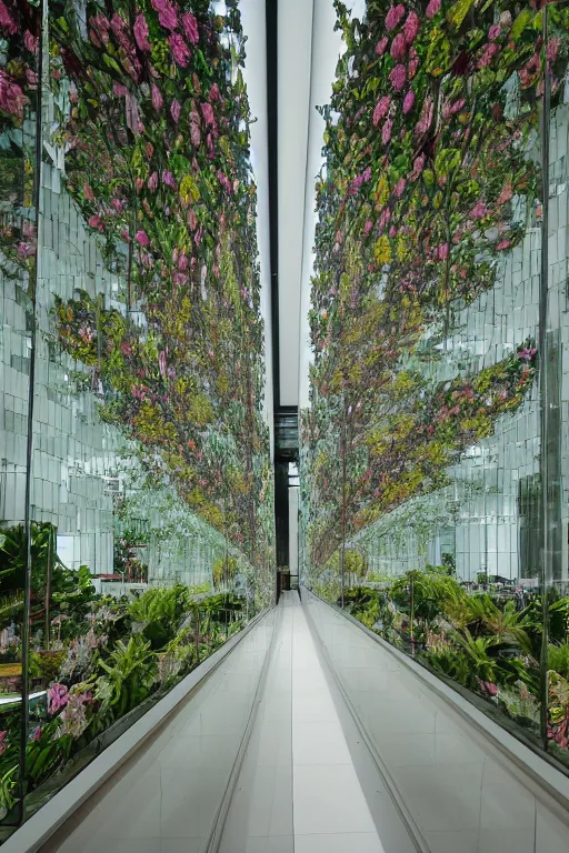 Image similar to Medium Format Portrait Photo of a modern architectural interior made of mirrors with many beautiful plants and flowers. award winning, slim Arrons style, highly detailed, depth of field, Kodachrome, wide shot, photo print.