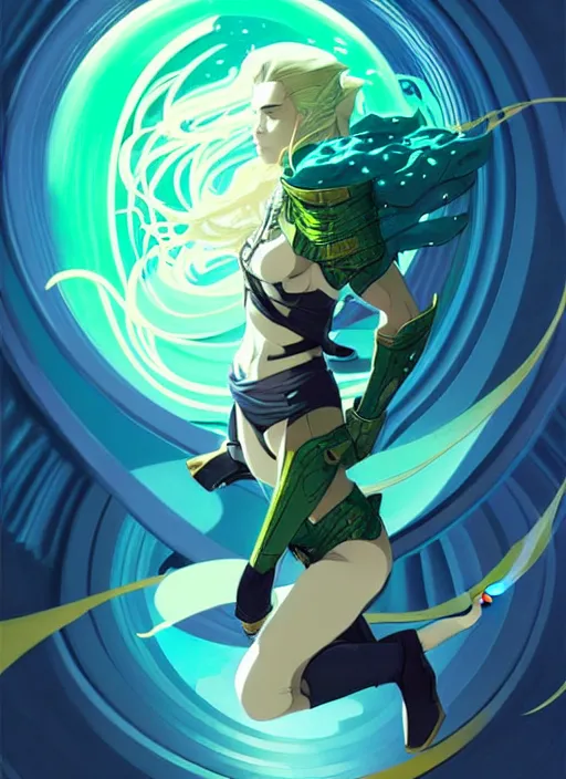 Prompt: style artgerm, joshua middleton, illustration, emily blunt as rune knight wearing green pelt light armor, anime eyes, blue hair, swirling water cosmos, fantasy, dnd, cinematic lighting