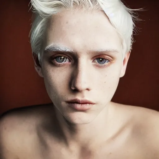 Image similar to portrait photo of a full platinum blond model, shaved eyebrow, no eyebrow, pale skin, freckle, realistic, high detail, high quality, trending on pinteresst