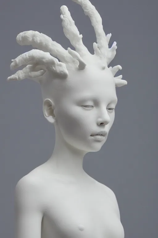 Image similar to full head and shoulders, beautiful female porcelain sculpture by daniel arsham and raoul marks and james jean, smooth, all white features on a white background, delicate facial features, white eyes, white lashes, detailed white 3 d skulls on head