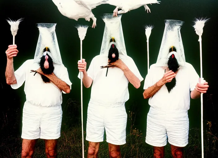 Image similar to realistic photo portrait of a three old hairy scientists wearing white shorts, cone heads, holding crows on their faces covered 1 9 9 0, life magazine reportage photo, natural colors