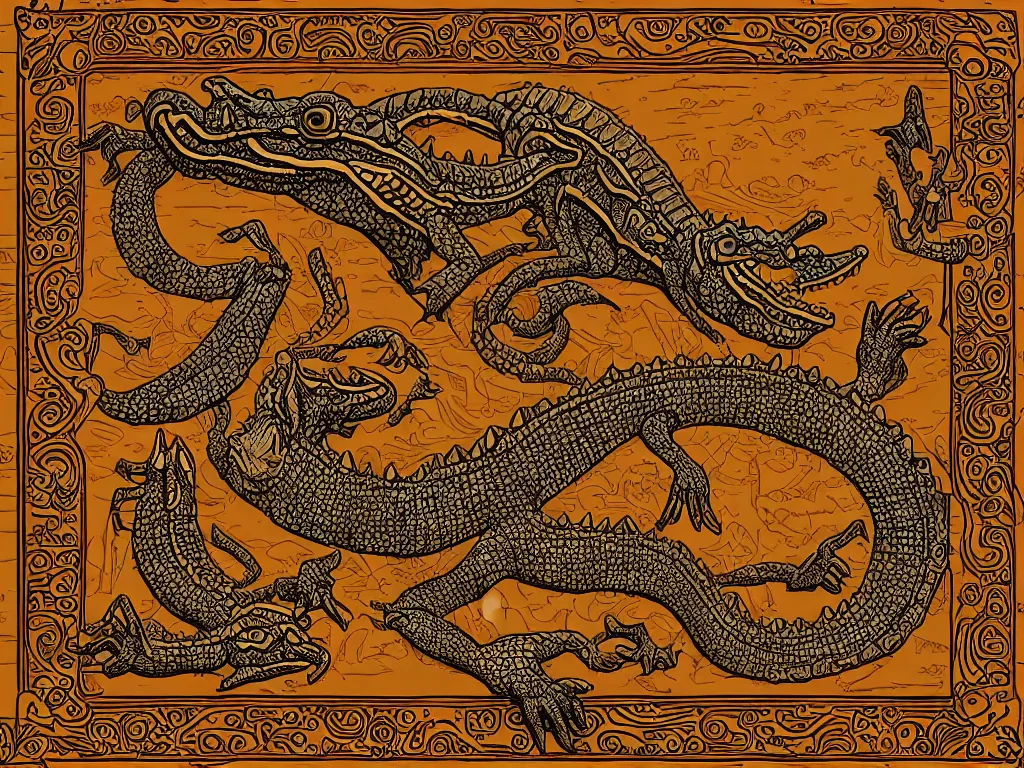 Image similar to pre - columbian mesoamerican book decorative border frame, crocodile reptilian motifs, d & d, fantasy, intricate, elegant, highly detailed, digital painting, artstation, illustration, hearthstone