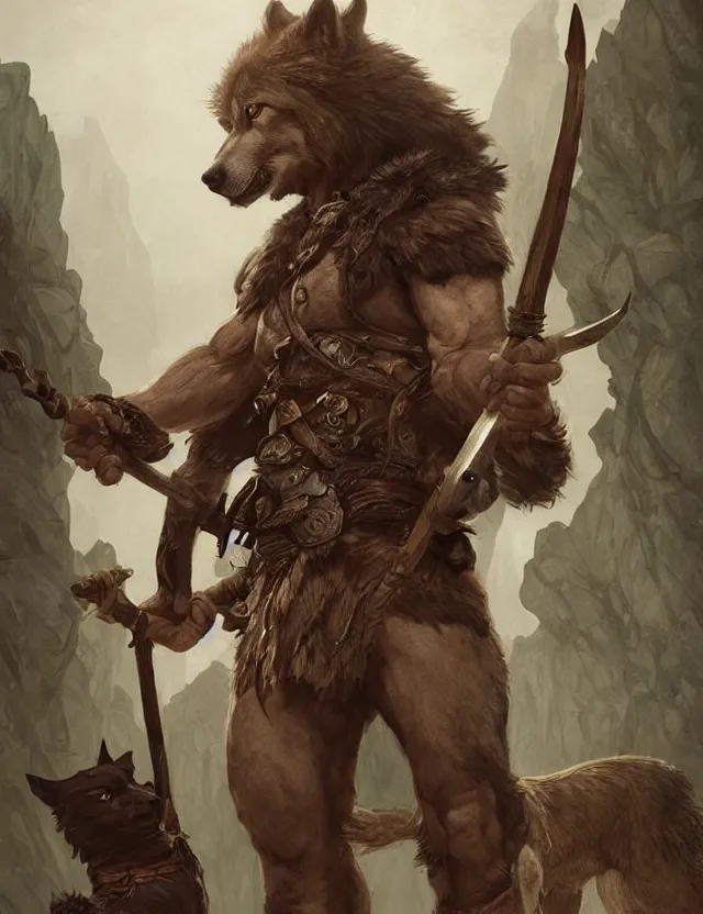 Image similar to portrait of a gruff ranger holding a spear, accompanied by a wolf dog, muscular, upper body, hairy body, D&D, fantasy, intricate, elegant, highly detailed, digital painting, artstation, concept art, matte, sharp focus, illustration, art by Artgerm and Greg Rutkowski and Alphonse Mucha