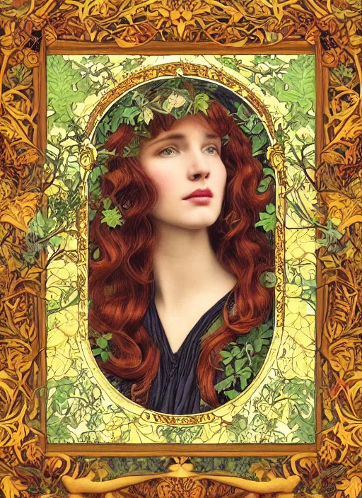 Prompt: masterpiece beautiful seductive flowing curves pinup pose preraphaelite portrait photography, closeup shot, straight bangs, thick set features, yellow ochre ornate medieval dress, amongst foliage mushroom forest arch, circle, william morris and kilian eng and mucha, framed, 4 k