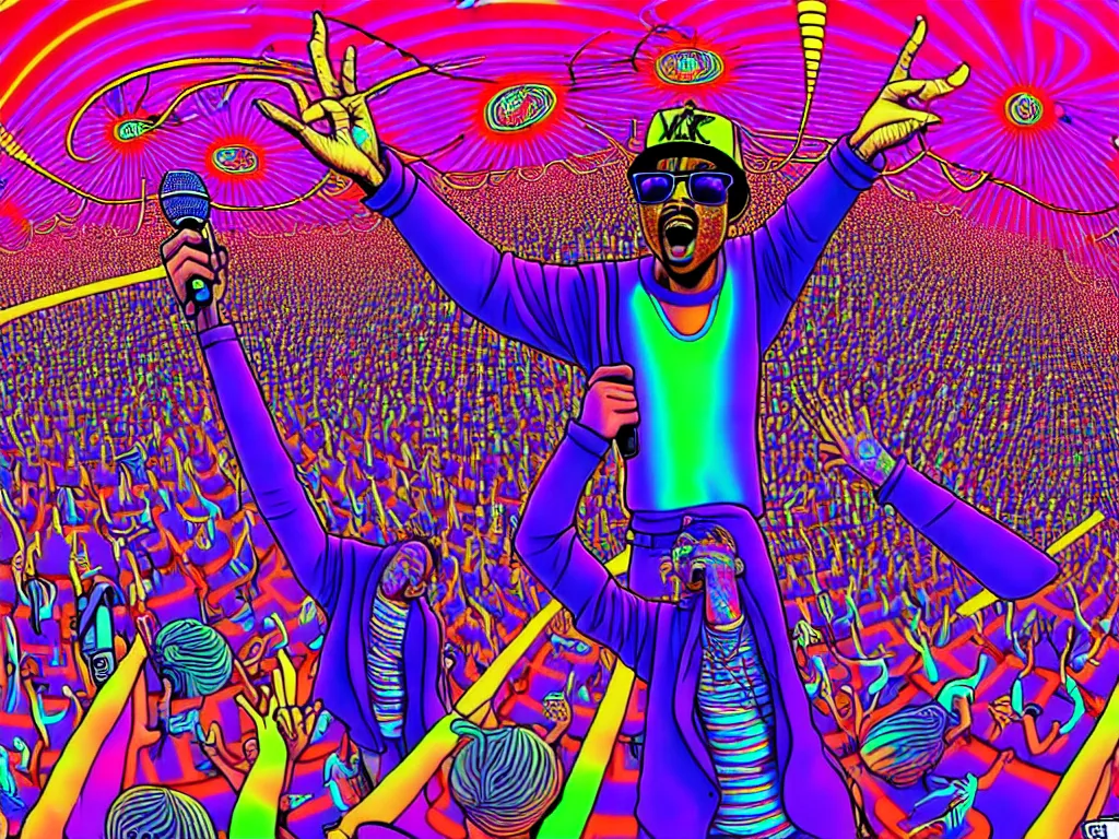 Image similar to rapping on stage at festival, holding microphone, giant crowd, epic angle, happy, psychedelic, hip hop, surreal, neon, vaporwave, detailed, illustrated by Alex Grey, 4k