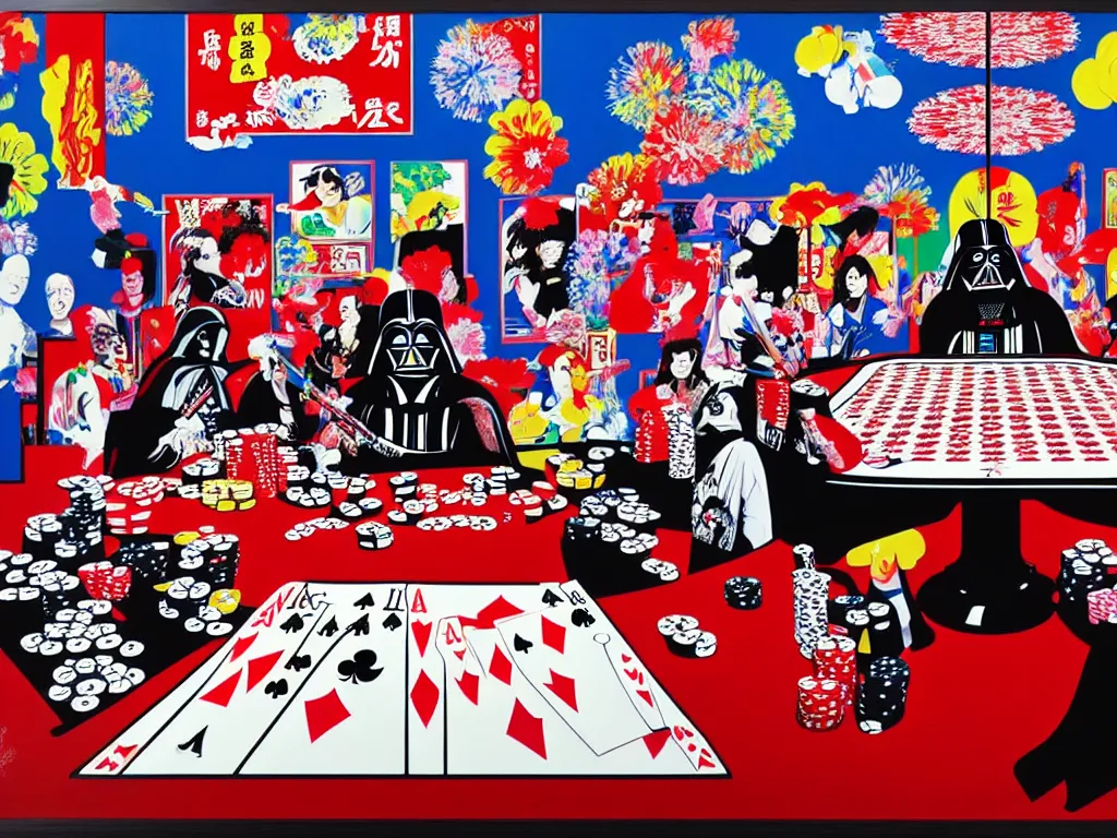 Image similar to hyper - realistic composition of a large room with an extremely detailed poker table in the center, woman in traditional japanese kimono standing nearby, darth vader sitting at the table, fireworks in the background, pop art style, jackie tsai style, andy warhol style, acrylic on canvas, dull palette