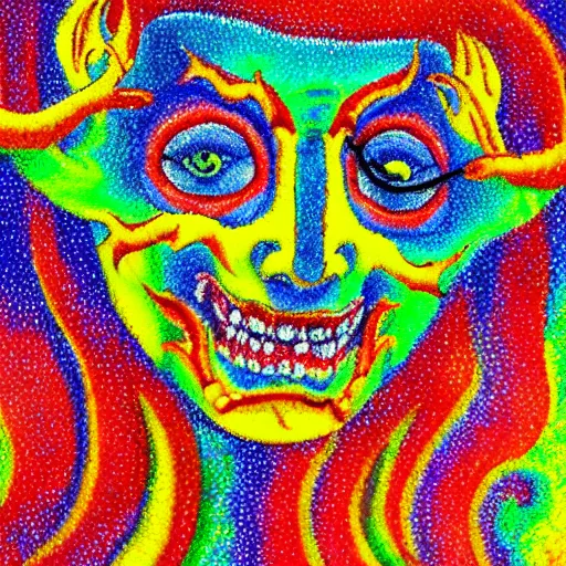Prompt: demon carnival, pointillisme, vibrant colors